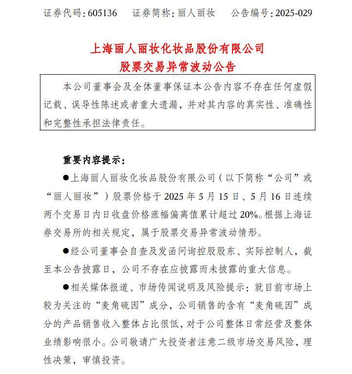 【公告精选】丽人丽妆含“麦角硫因”成分产品收入占比很低；多家公司将撤销风险警示