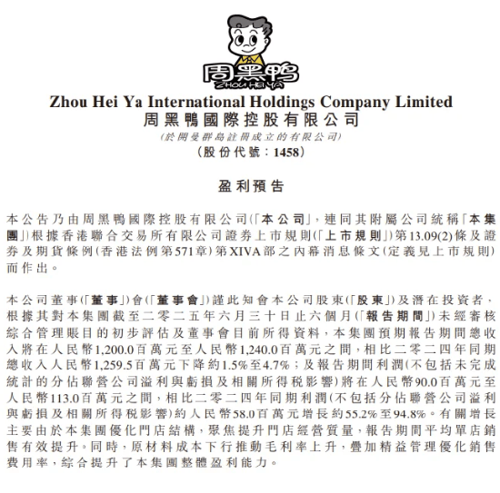 周黑鸭2025年上半年利润同比预增超五成 单店效益与成本管控双轮驱动盈利提升